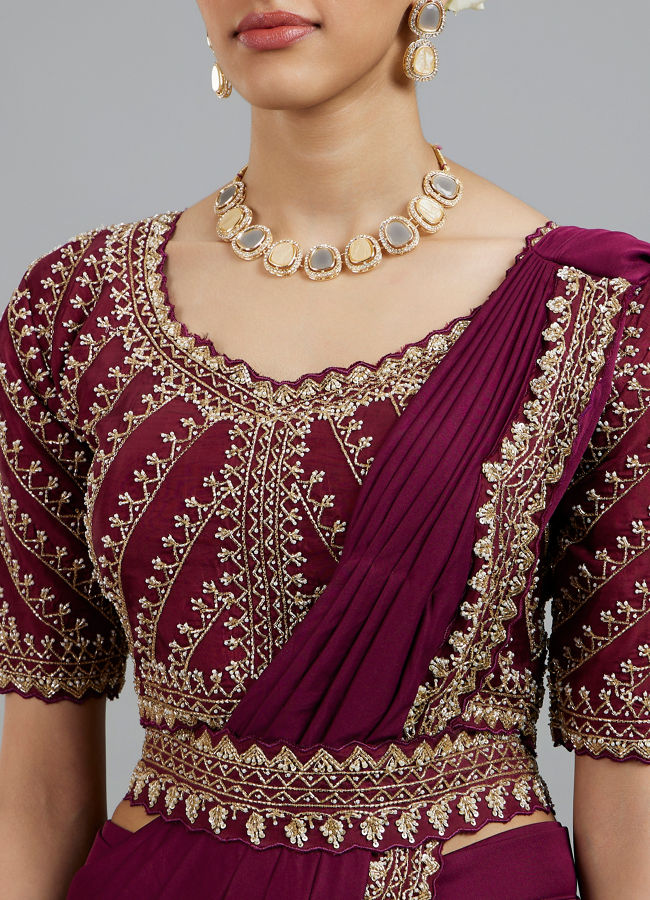 Mohey Women Wine Colored Chinon Pre Draped Saree