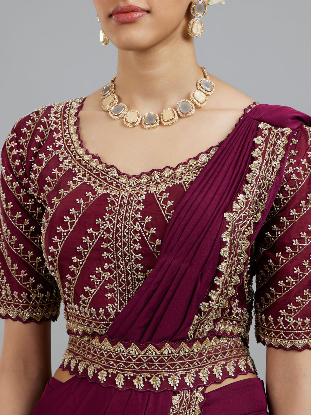 Mohey Women Wine Colored Chinon Pre Draped Saree
