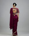 Mohey Women Wine Colored Chinon Pre Draped Saree