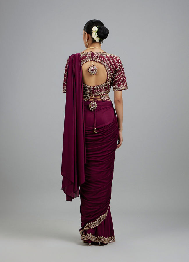 Mohey Women Wine Colored Chinon Pre Draped Saree