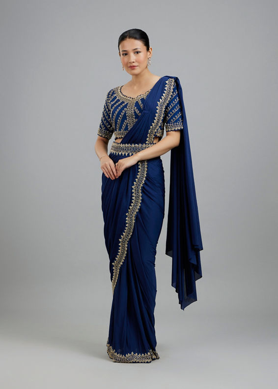 Mohey Women Indigo Blue Elegance Pre Draped Saree