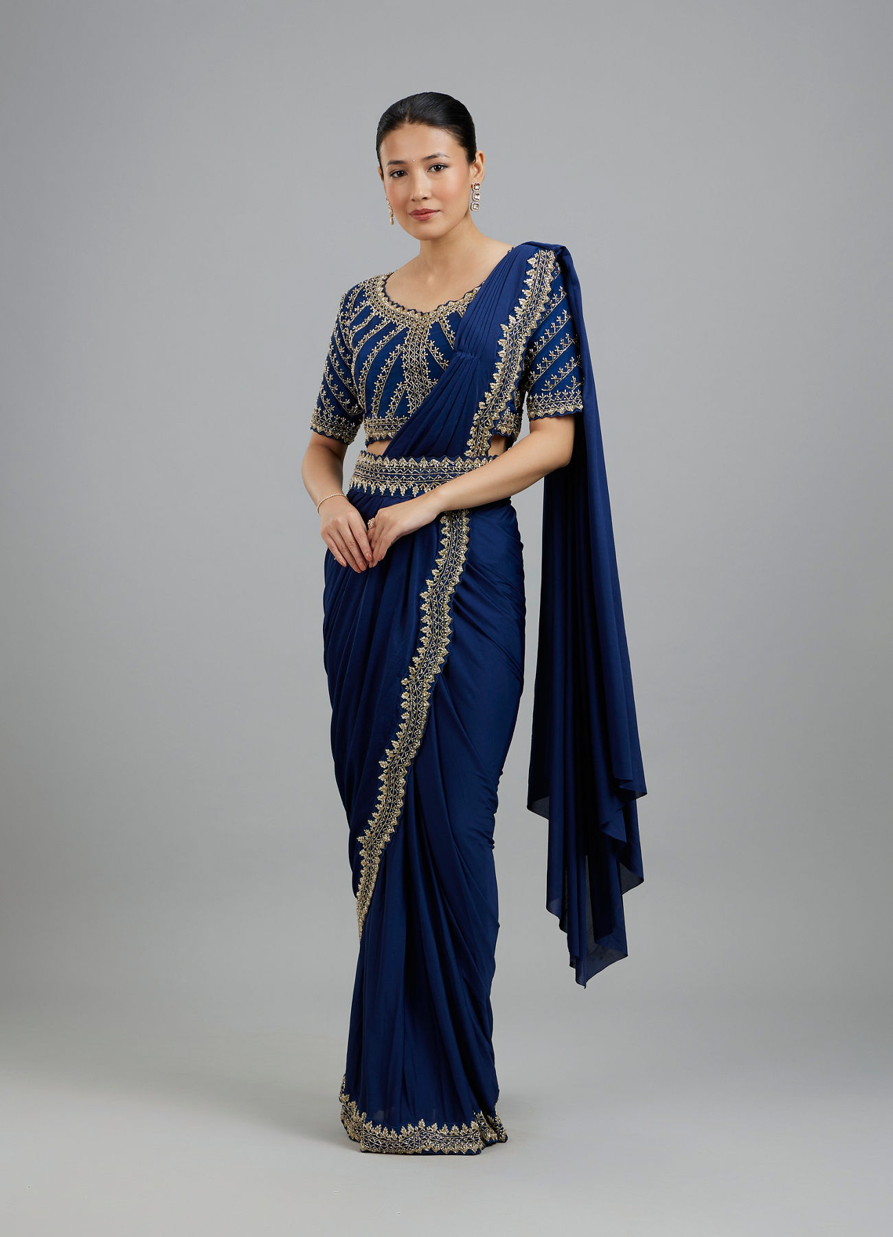 Mohey Women Indigo Blue Elegance Pre Draped Saree