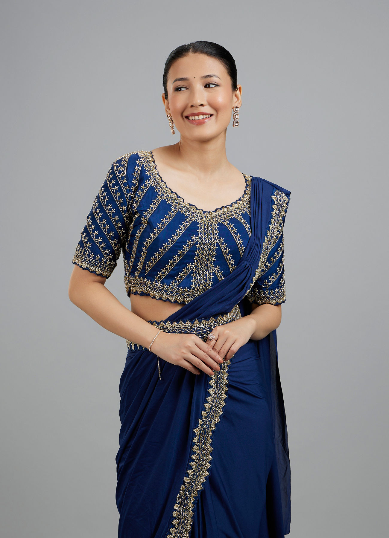 Mohey Women Indigo Blue Elegance Pre Draped Saree