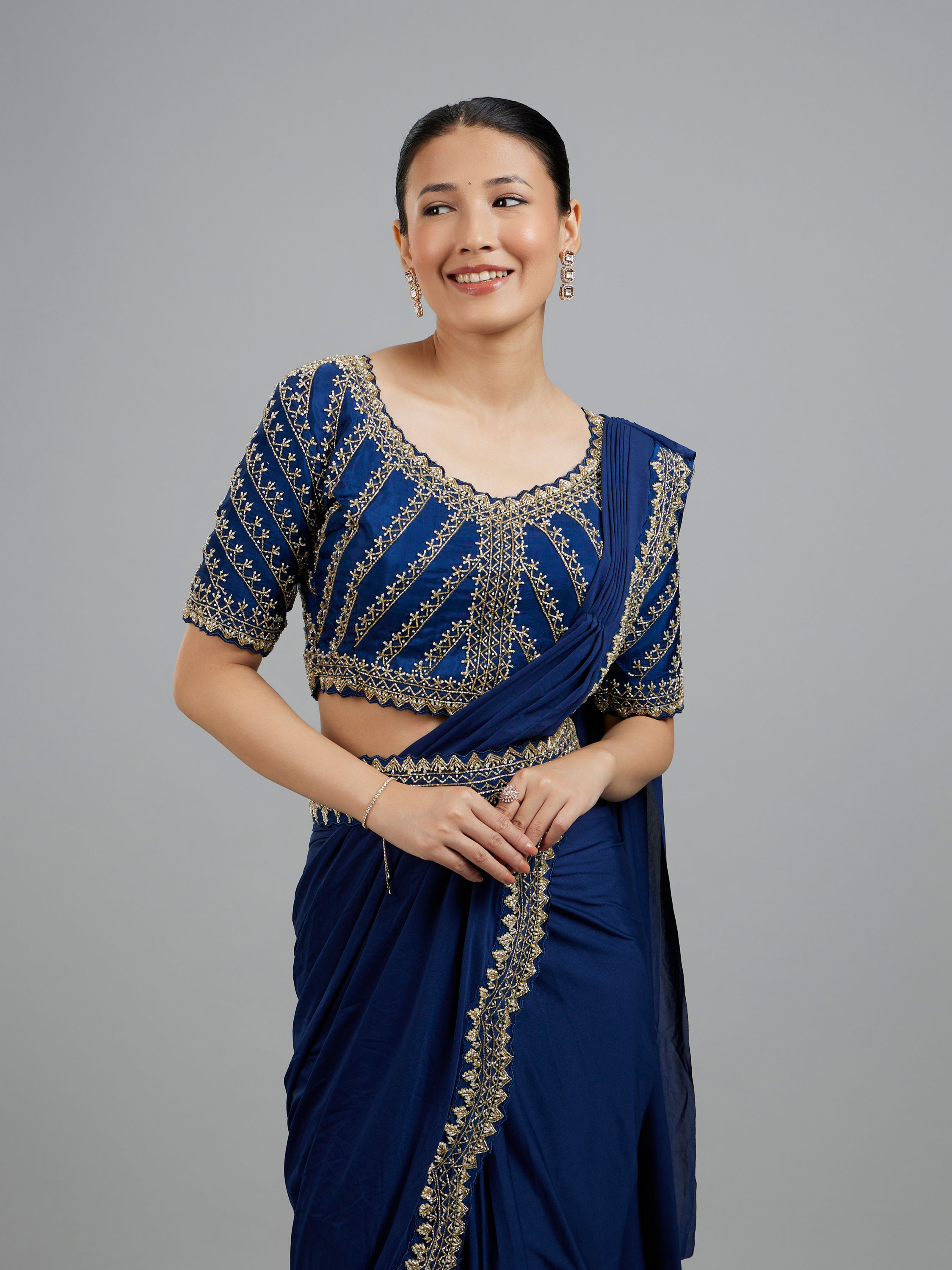 Mohey Women Indigo Blue Elegance Pre Draped Saree
