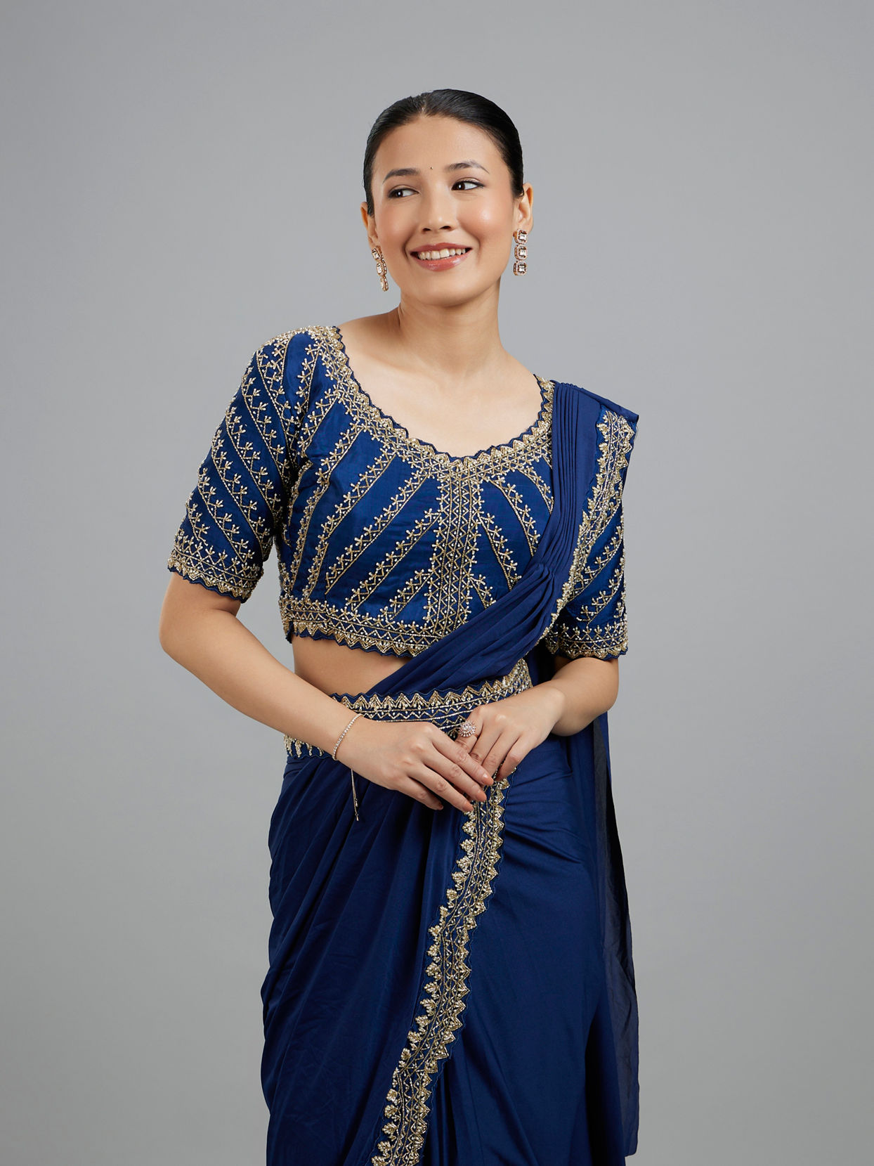 Mohey Women Indigo Blue Elegance Pre Draped Saree