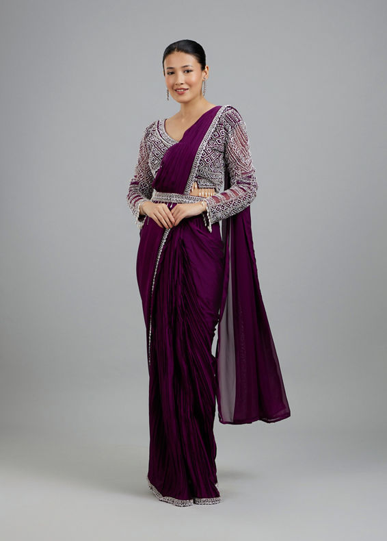 Mohey Women Enchanting Wine Delight Pre Draped Saree