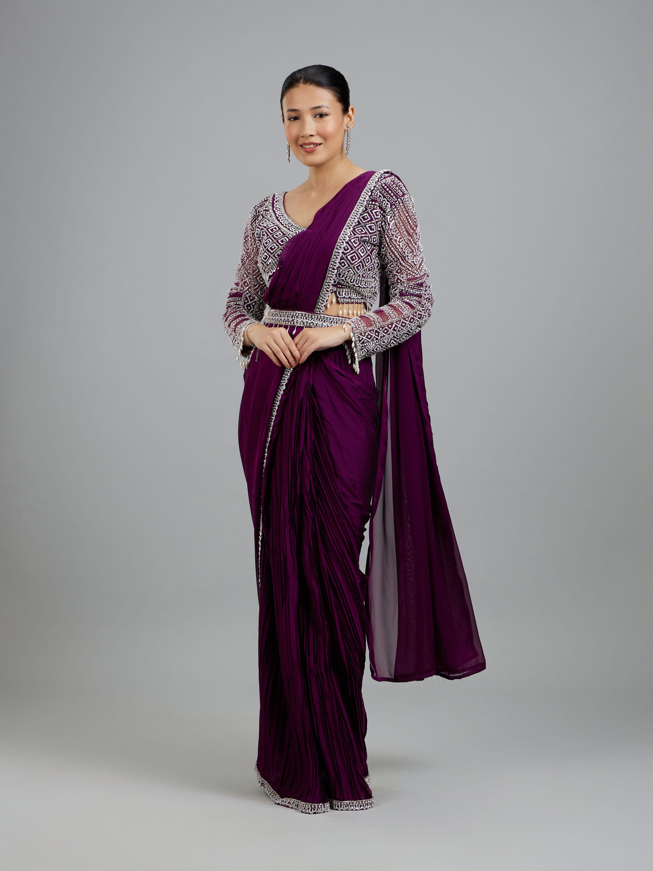 Mohey Women Enchanting Wine Delight Pre Draped Saree