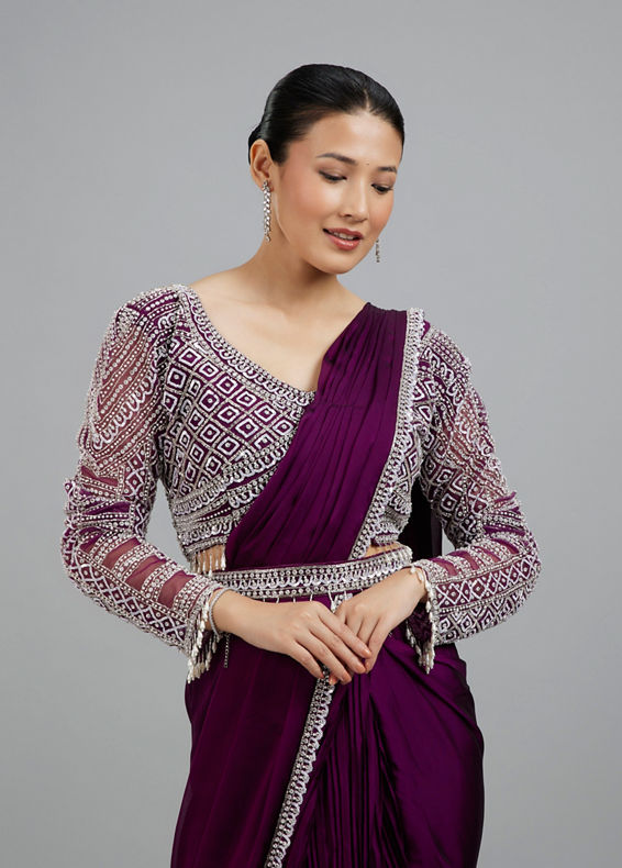 Mohey Women Enchanting Wine Delight Pre Draped Saree