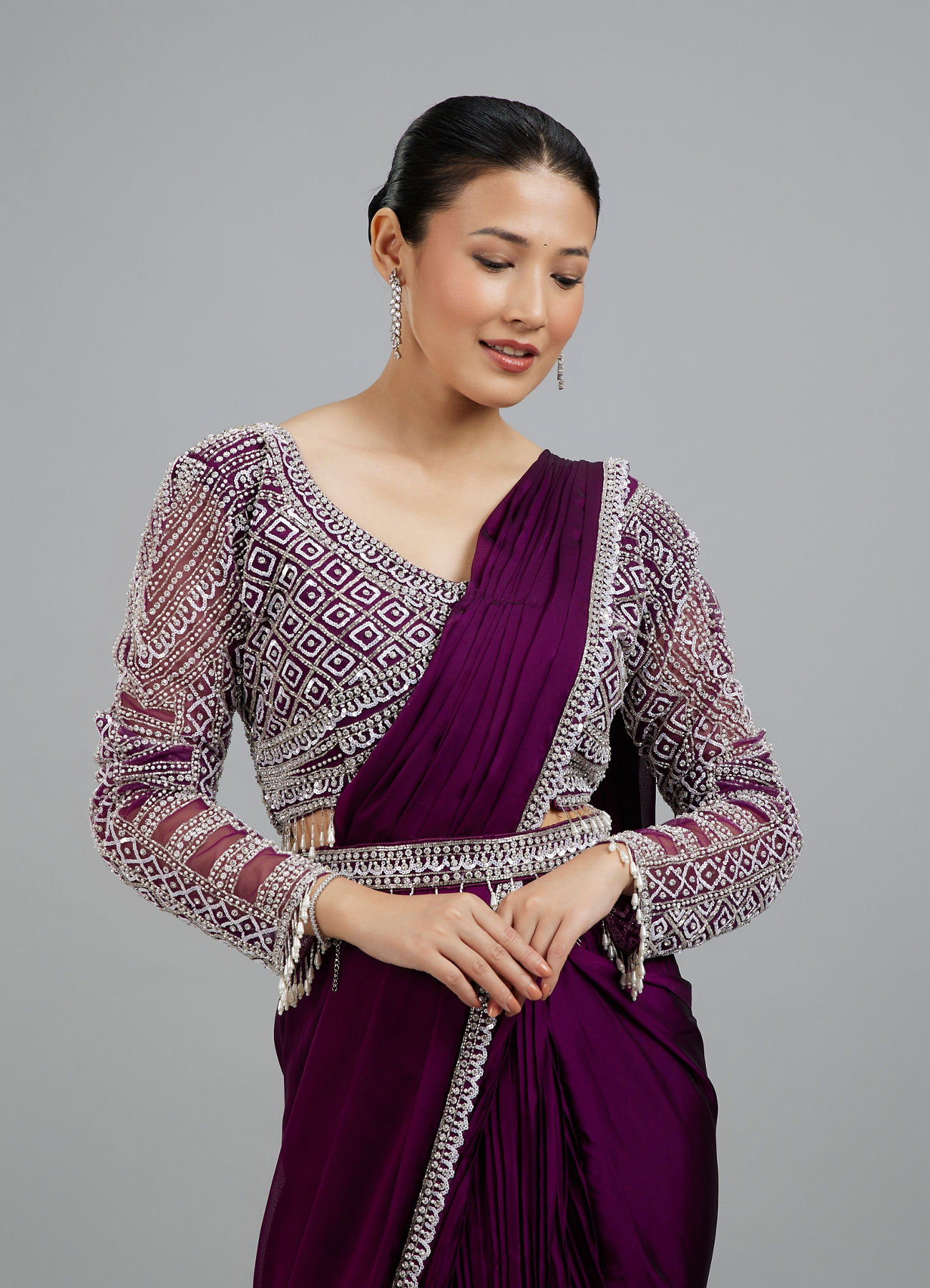 Mohey Women Enchanting Wine Delight Pre Draped Saree