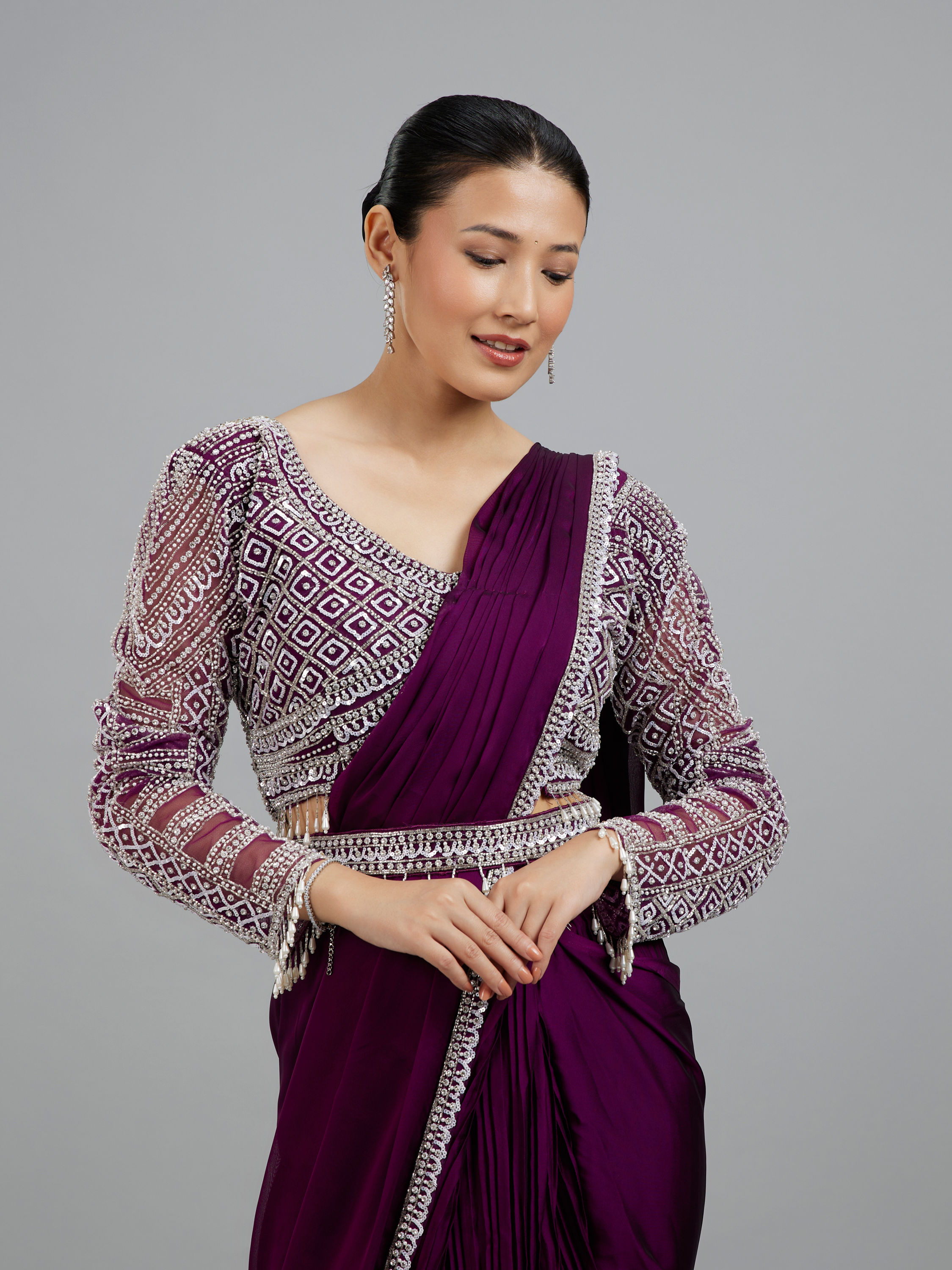 Mohey Women Enchanting Wine Delight Pre Draped Saree