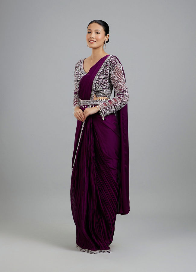 Mohey Women Enchanting Wine Delight Pre Draped Saree