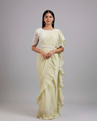 Mohey Women Pista Green Chiffon Pre Draped Saree