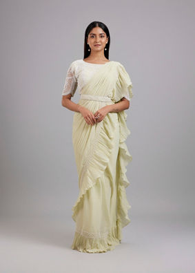 Mohey Women Pista Green Chiffon Pre Draped Saree