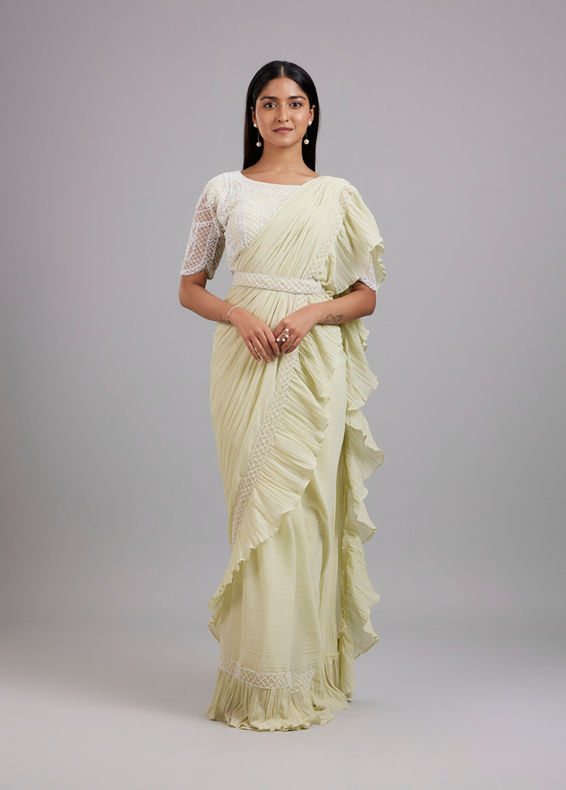 Mohey Women Pista Green Chiffon Pre Draped Saree