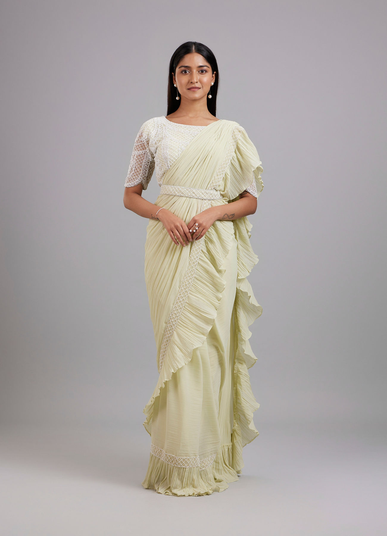 Mohey Women Pista Green Chiffon Pre Draped Saree