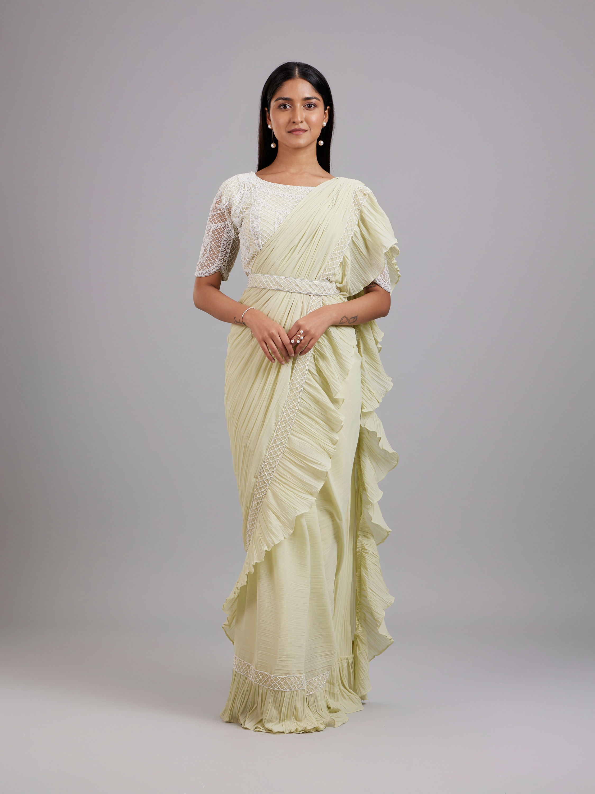 Mohey Women Pista Green Chiffon Pre Draped Saree