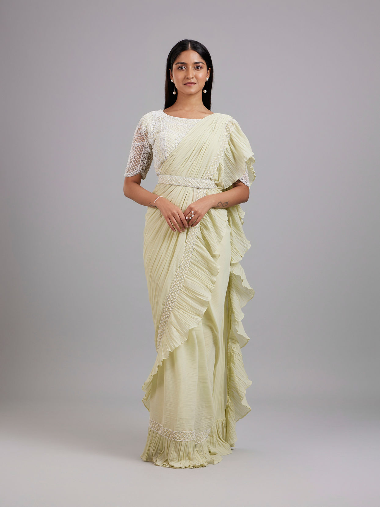 Mohey Women Pista Green Chiffon Pre Draped Saree