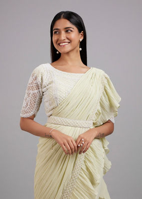 Mohey Women Pista Green Chiffon Pre Draped Saree