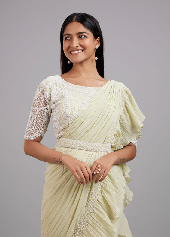Mohey Women Pista Green Chiffon Pre Draped Saree