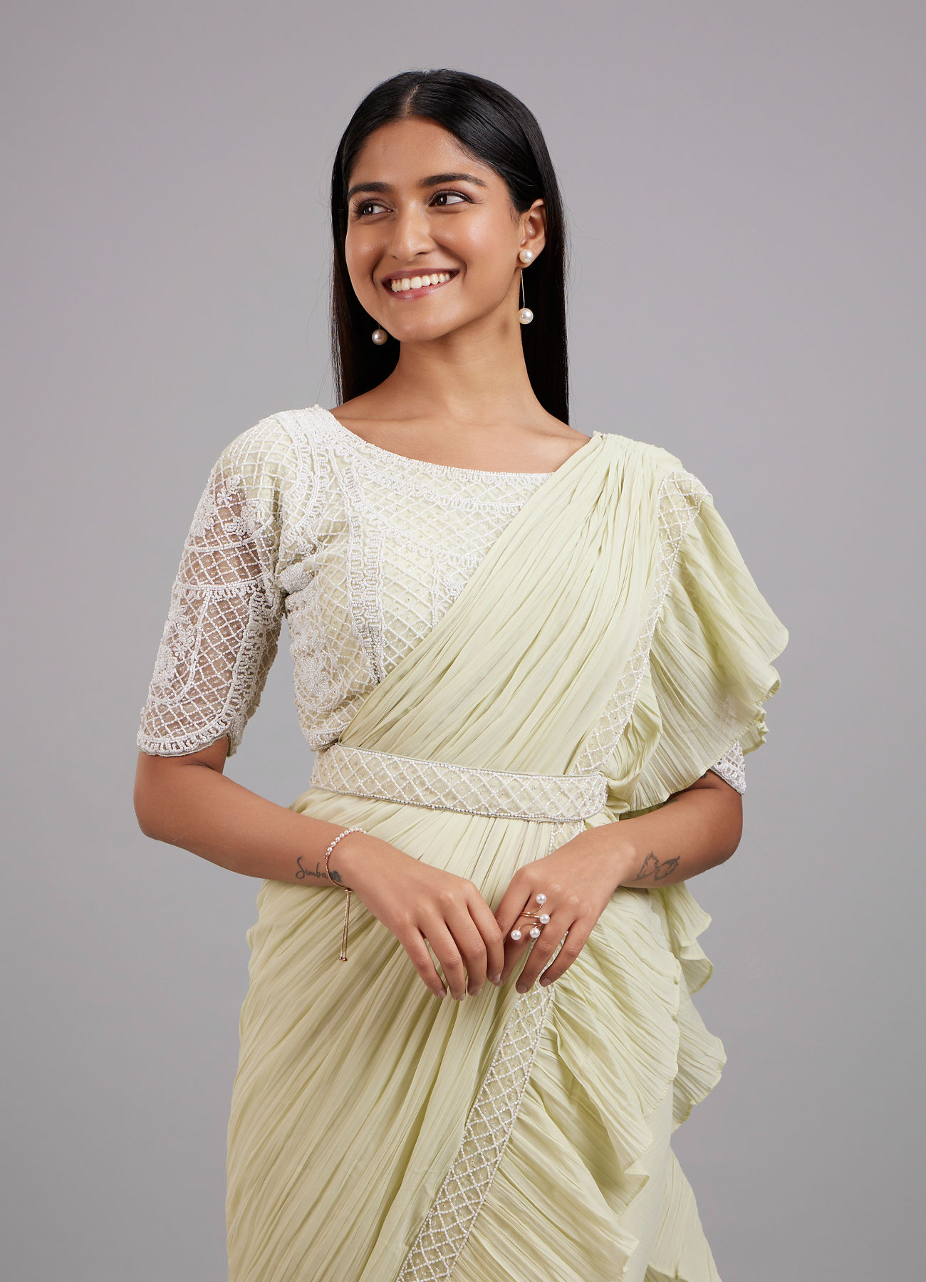 Mohey Women Pista Green Chiffon Pre Draped Saree