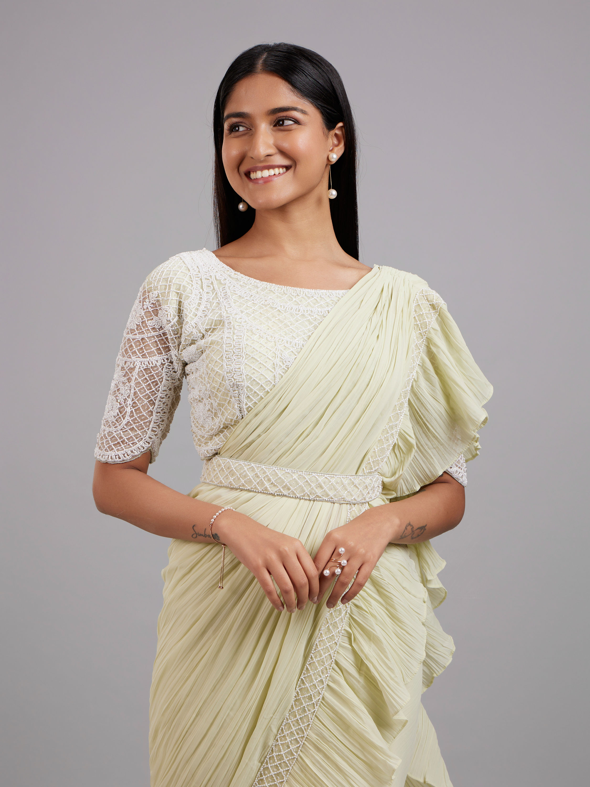 Mohey Women Pista Green Chiffon Pre Draped Saree