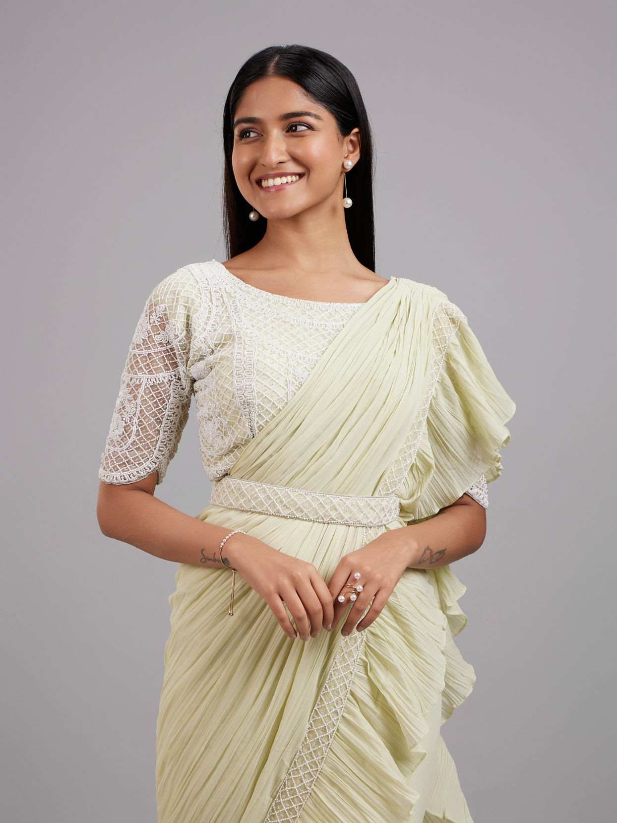 Mohey Women Pista Green Chiffon Pre Draped Saree