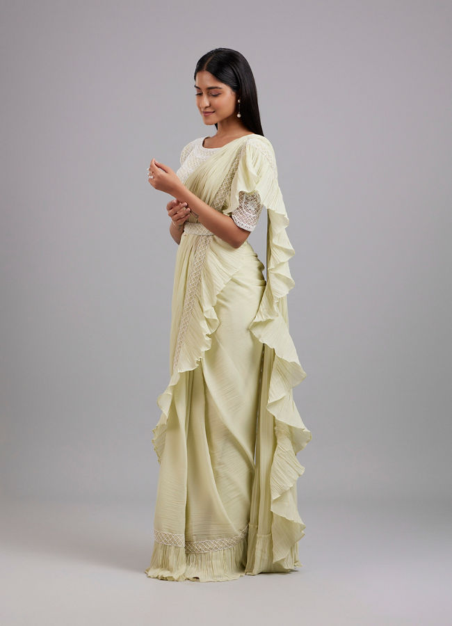 Mohey Women Pista Green Chiffon Pre Draped Saree
