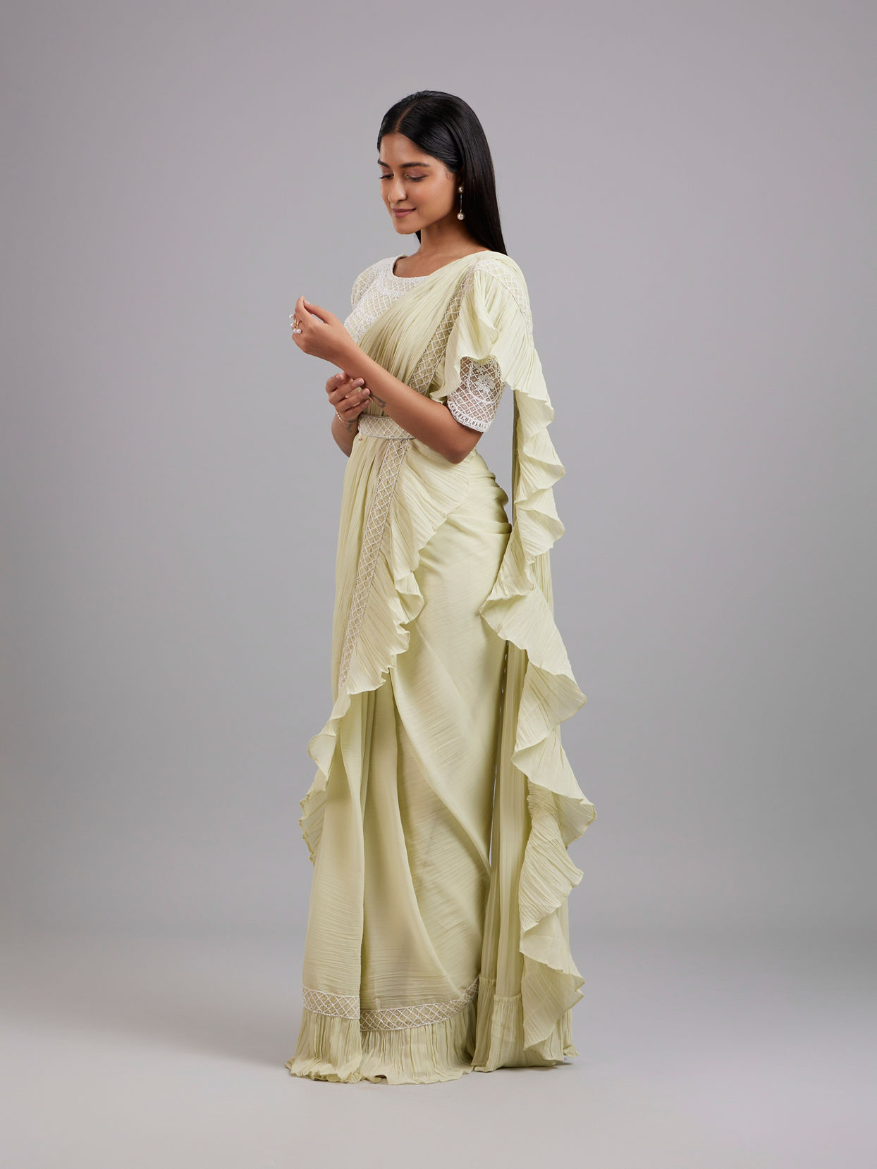 Mohey Women Pista Green Chiffon Pre Draped Saree