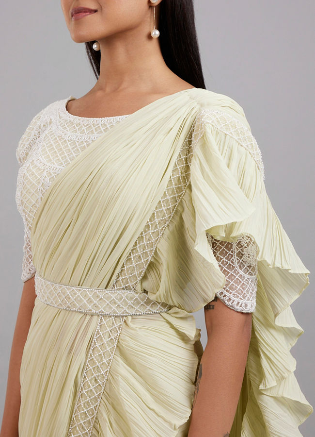 Mohey Women Pista Green Chiffon Pre Draped Saree