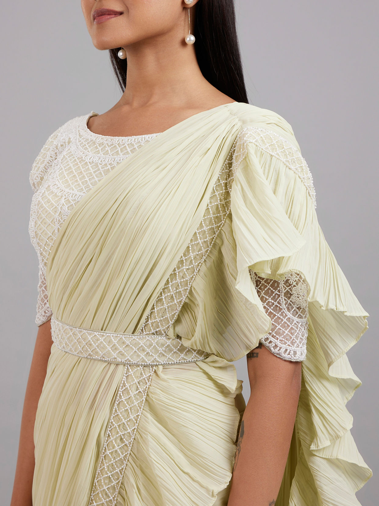 Mohey Women Pista Green Chiffon Pre Draped Saree