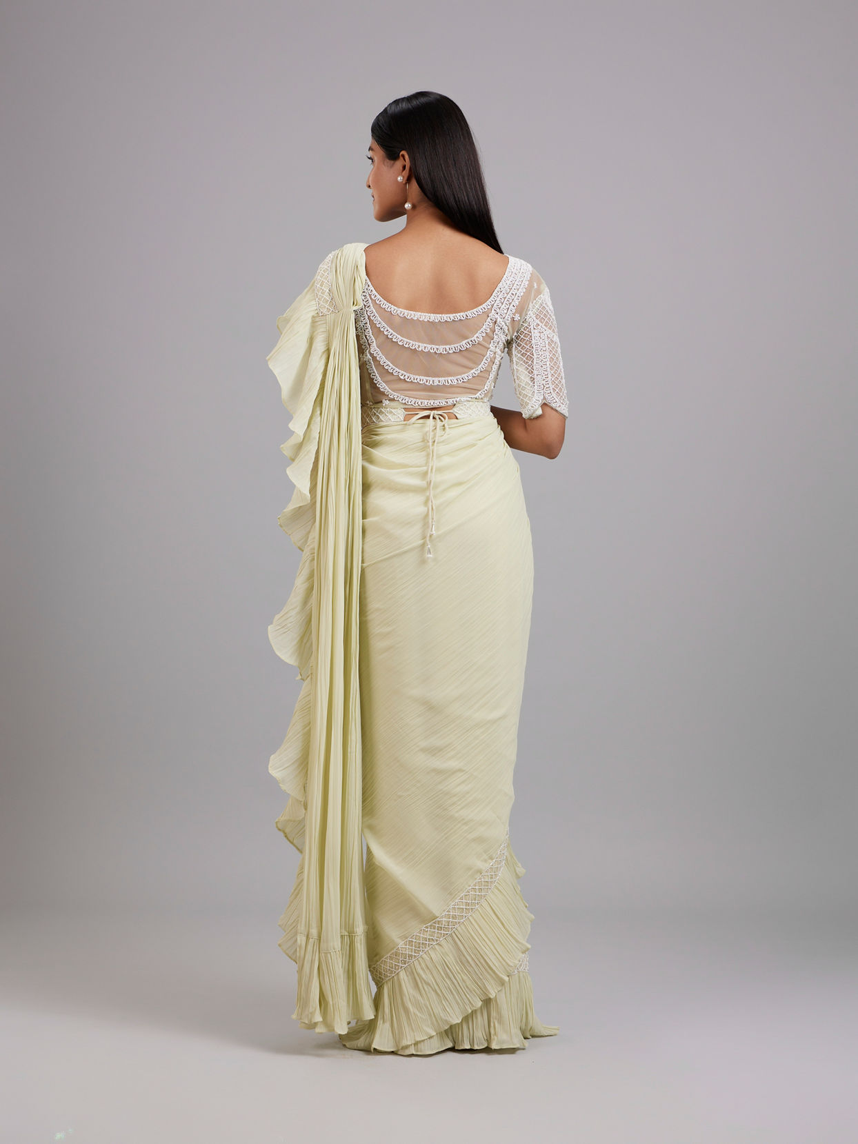 Mohey Women Pista Green Chiffon Pre Draped Saree