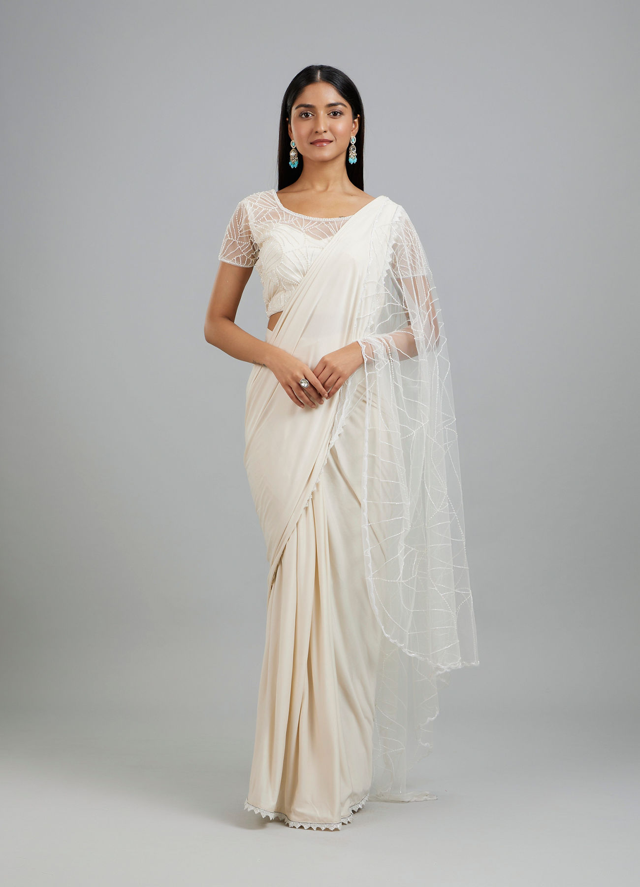 Mohey Women Elegant Cream Pre Draped Saree