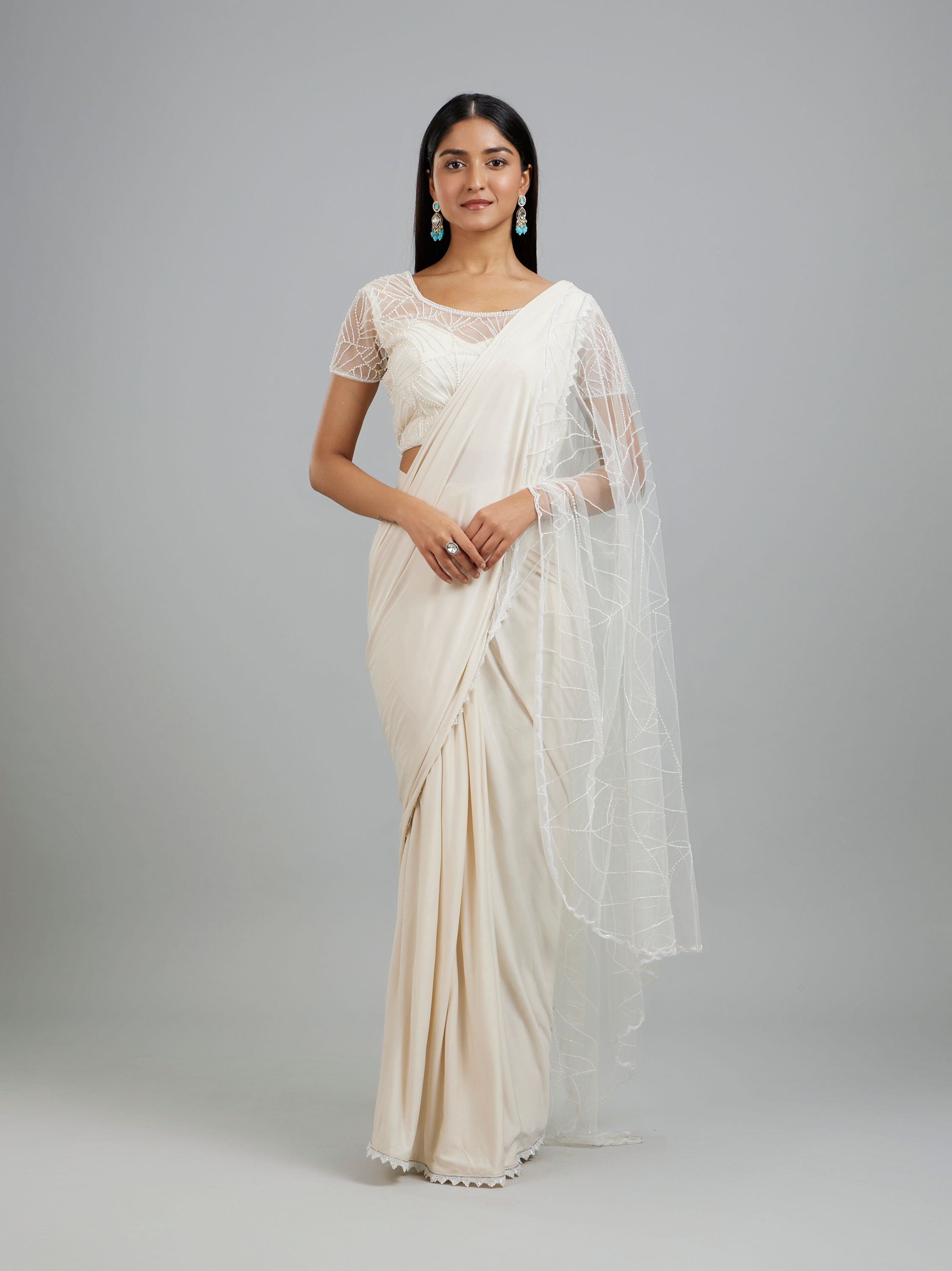 Mohey Women Elegant Cream Pre Draped Saree