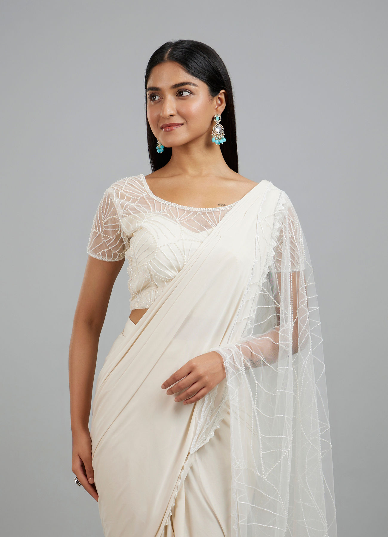Mohey Women Elegant Cream Pre Draped Saree