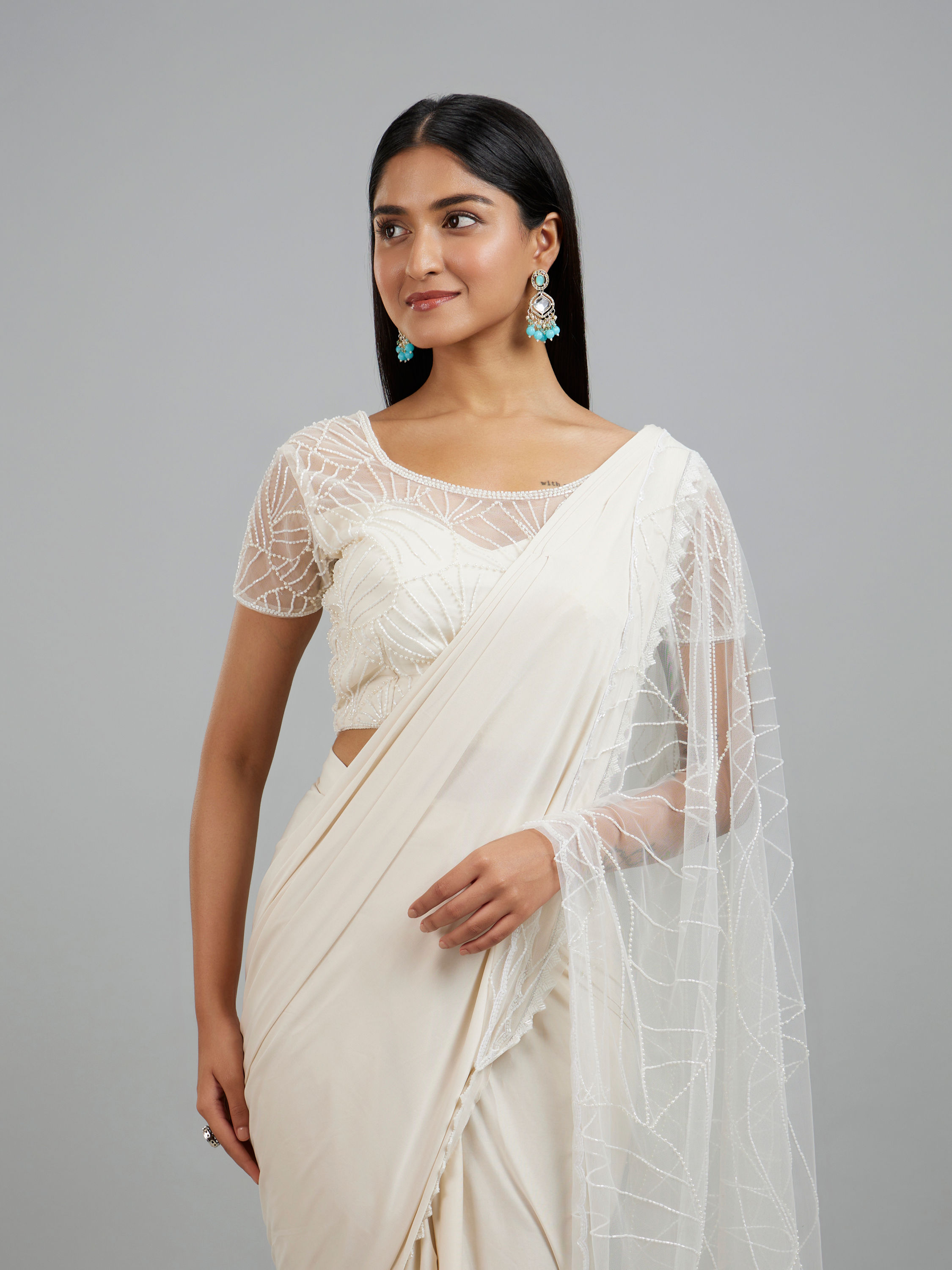 Mohey Women Elegant Cream Pre Draped Saree
