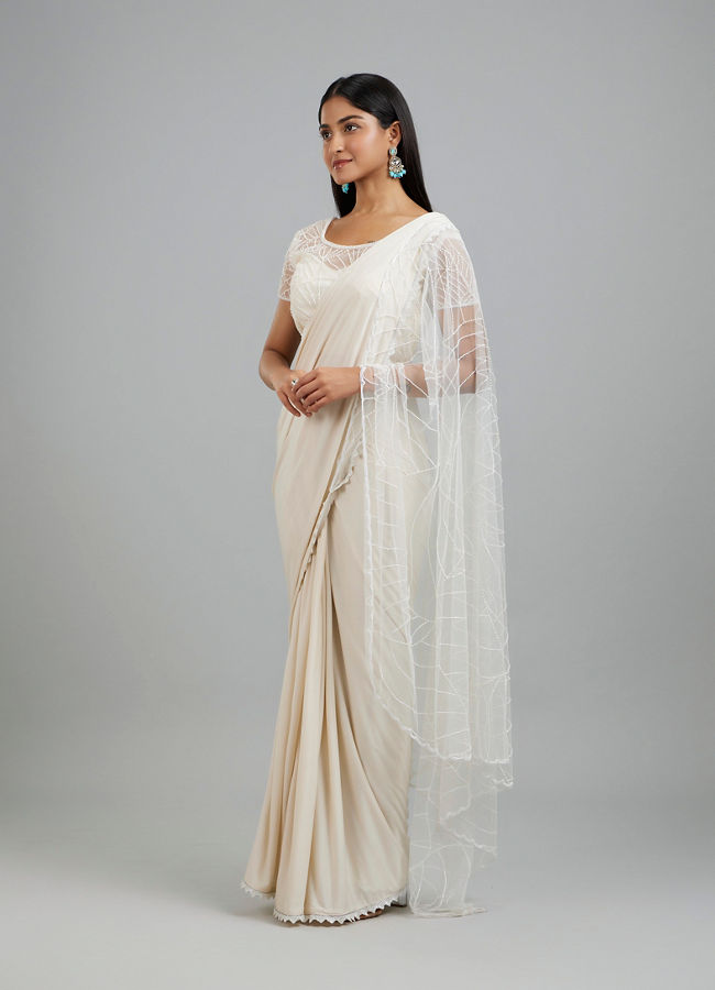 Mohey Women Elegant Cream Pre Draped Saree