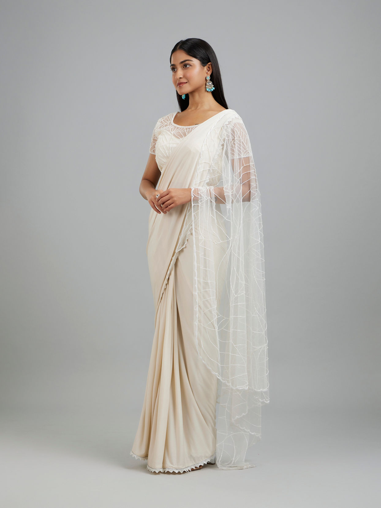 Mohey Women Elegant Cream Pre Draped Saree