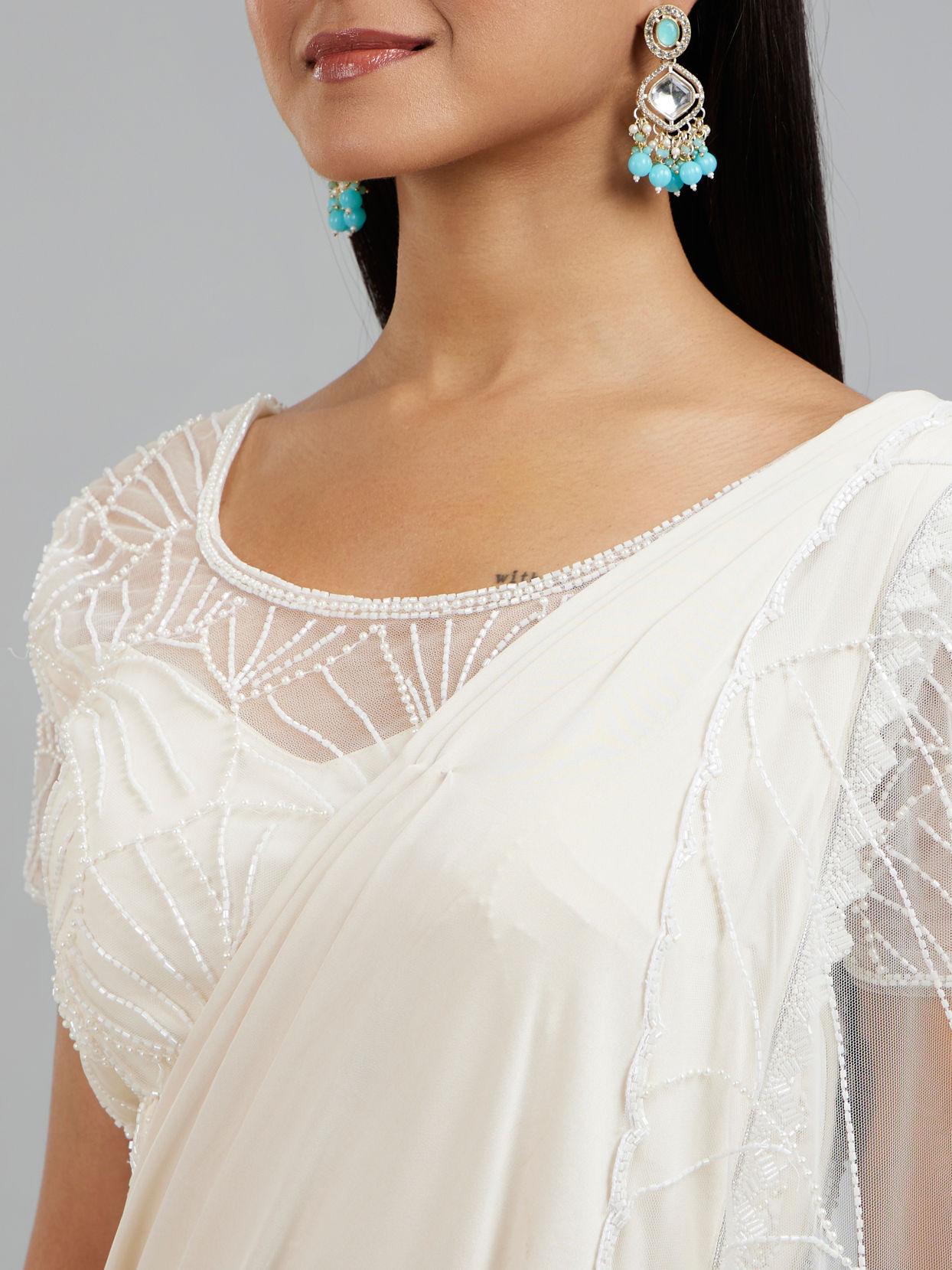 Mohey Women Elegant Cream Pre Draped Saree