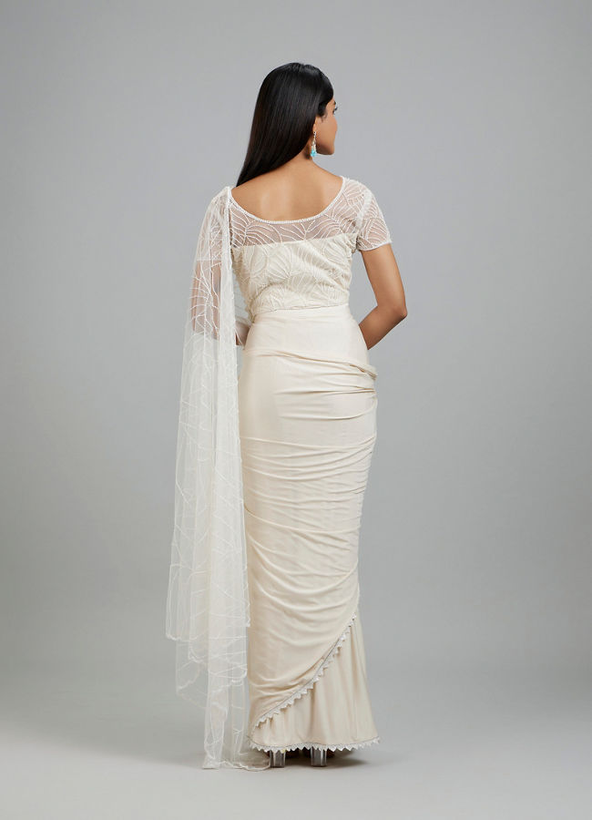 Mohey Women Elegant Cream Pre Draped Saree