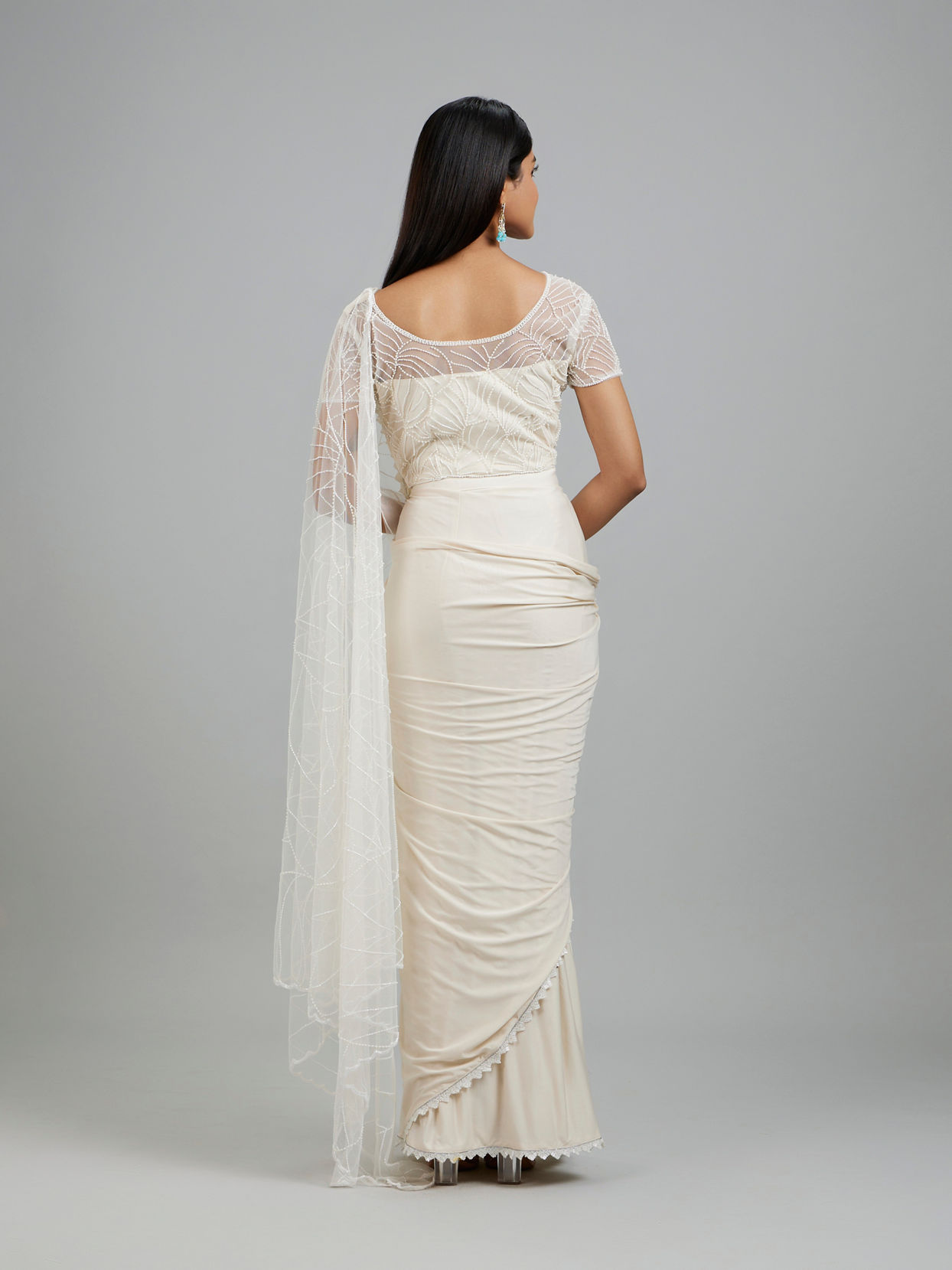 Mohey Women Elegant Cream Pre Draped Saree