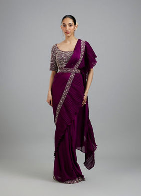 Mohey Women Wine Elegance Pre Draped Saree