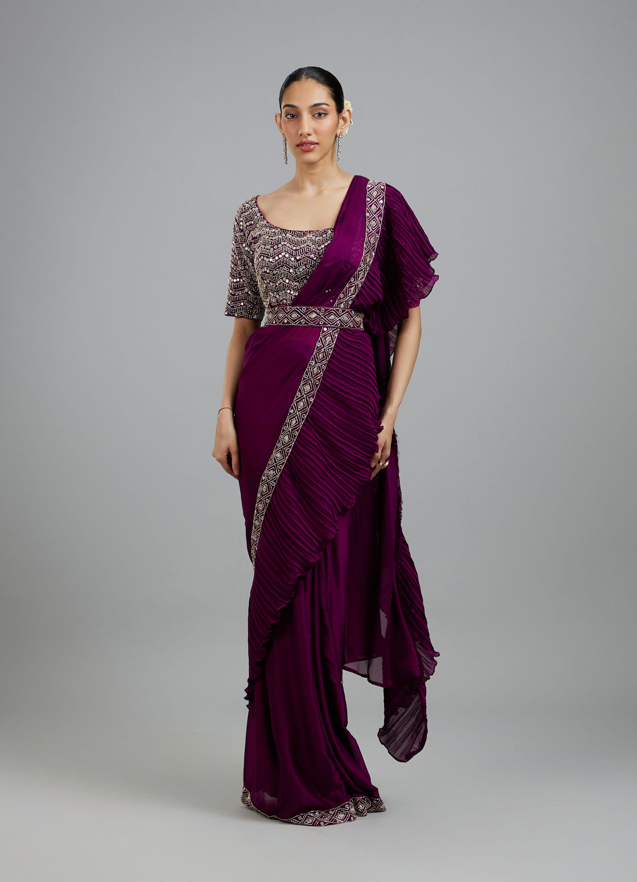 Mohey Women Wine Elegance Pre Draped Saree