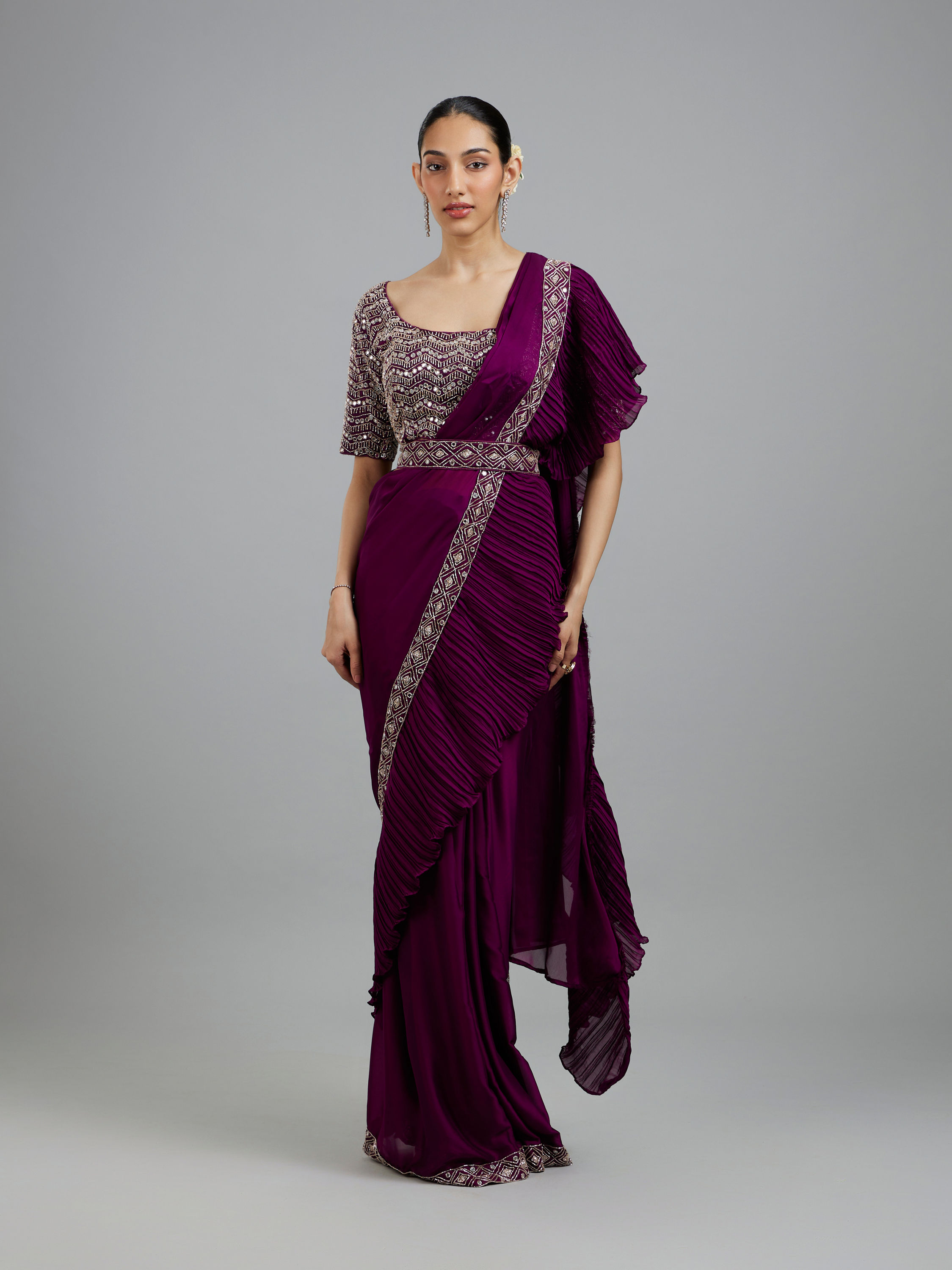 Mohey Women Wine Elegance Pre Draped Saree
