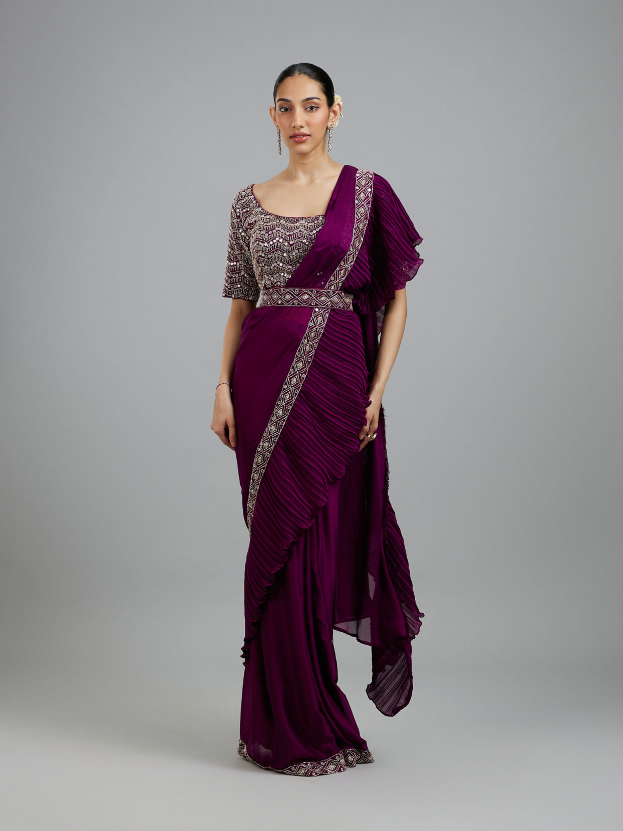Mohey Women Wine Elegance Pre Draped Saree