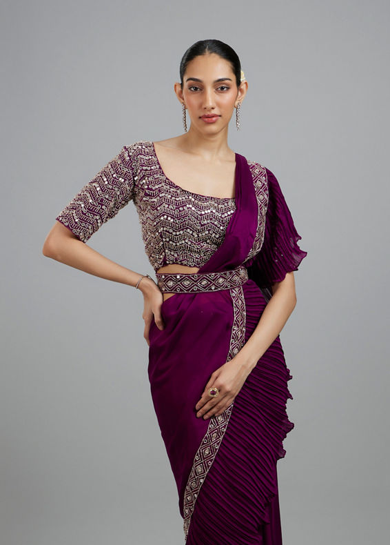 Mohey Women Wine Elegance Pre Draped Saree