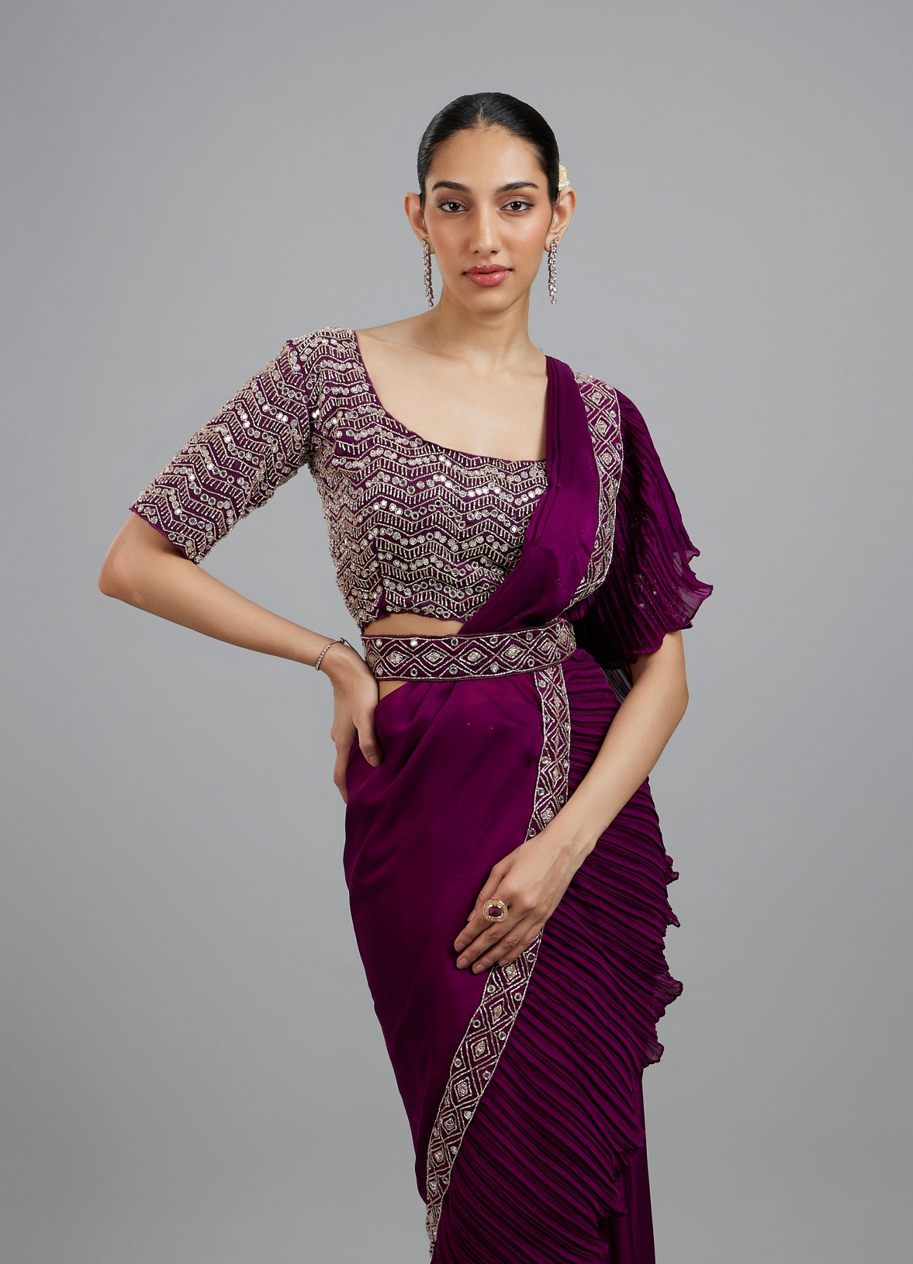 Mohey Women Wine Elegance Pre Draped Saree