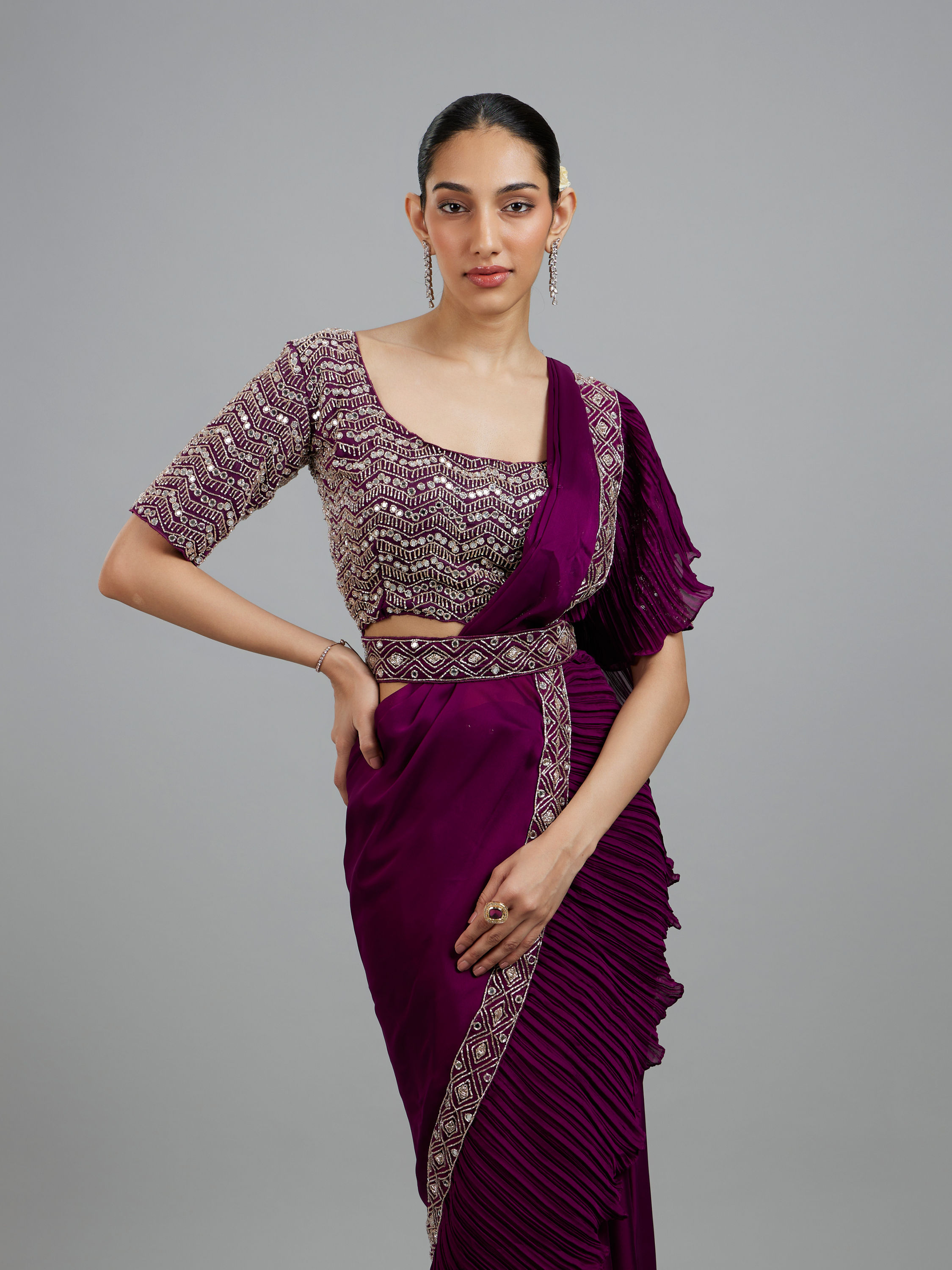 Mohey Women Wine Elegance Pre Draped Saree