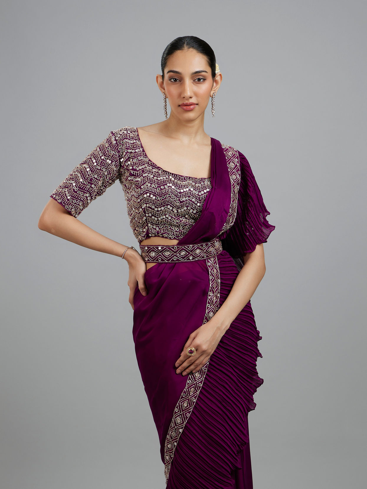 Mohey Women Wine Elegance Pre Draped Saree