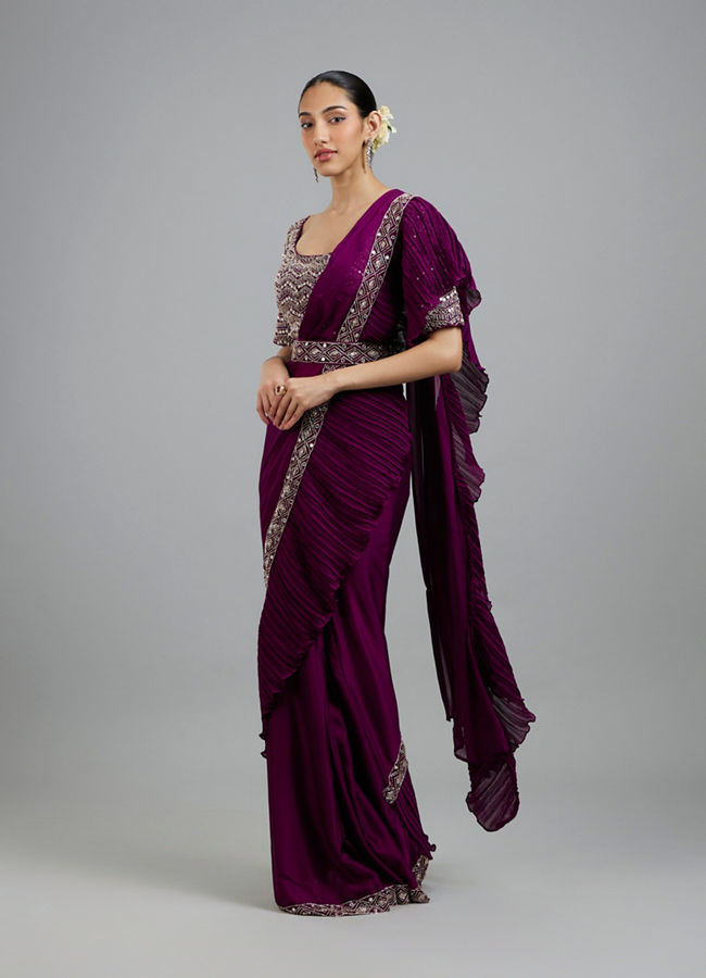 Mohey Women Wine Elegance Pre Draped Saree