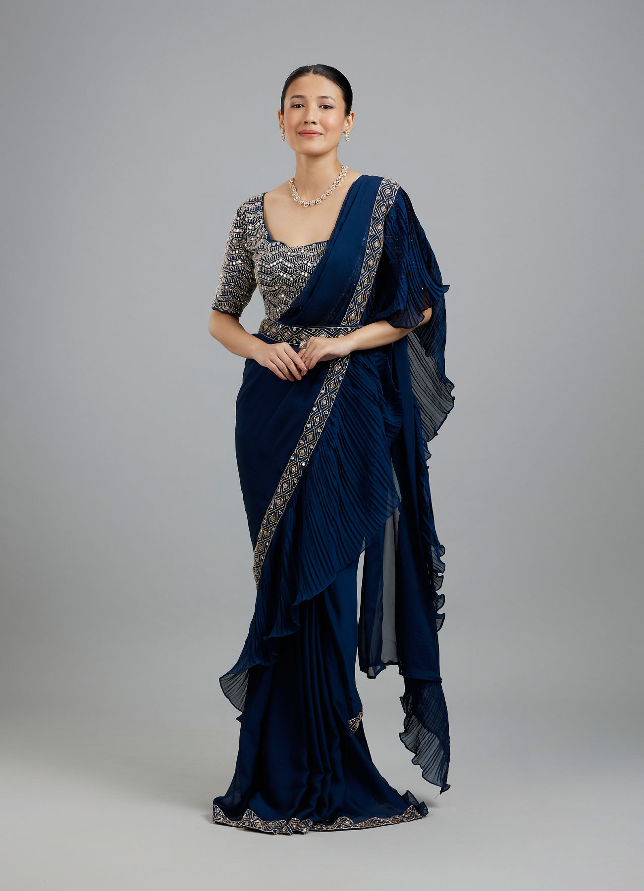 Mohey Women Indigo Blue Radiance Pre Draped Saree